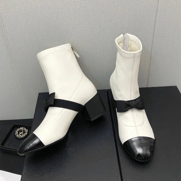 Chanel-Inspired Two-Tone Bow Ankle Boots White Black - 7