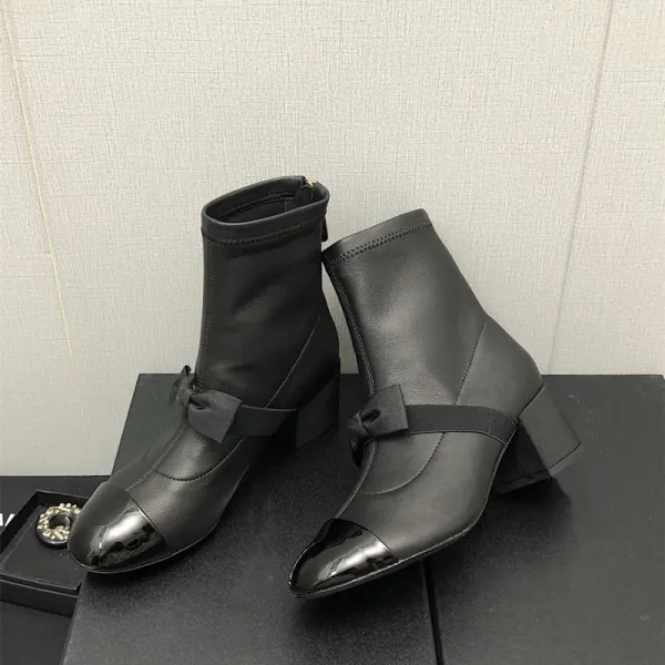 Chanel-Inspired Two-Tone Bow Ankle Boots White Black - 12