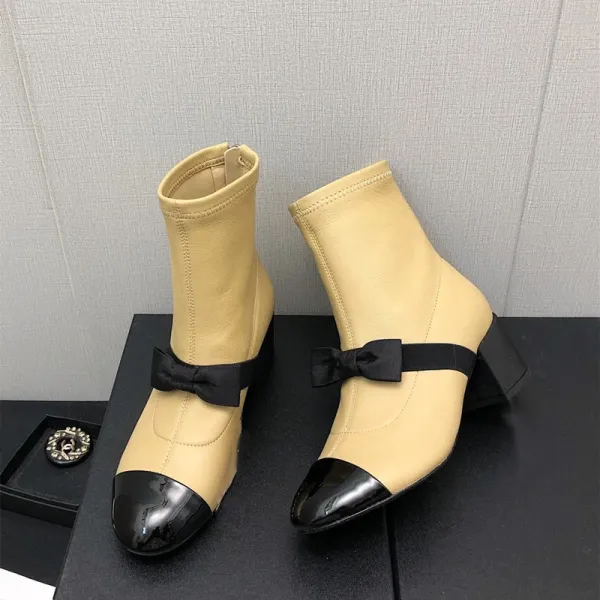 Chanel-Inspired Two-Tone Bow Ankle Boots White Black - 17