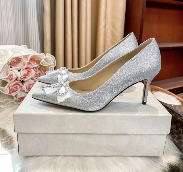 Silver Glitter Bow-Embellished Stiletto Heels - 10