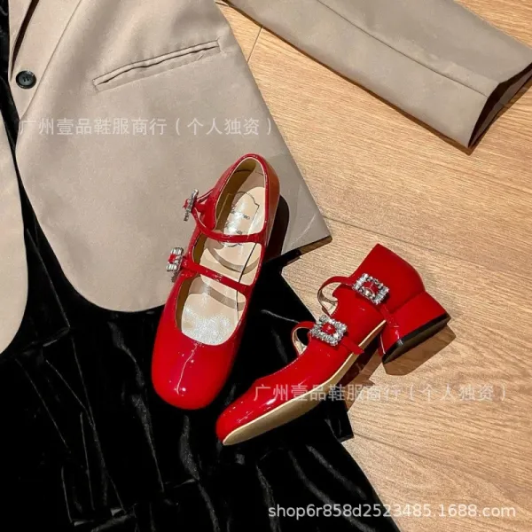Red Patent Leather Mary Jane Block Heel Shoes with Crystal Buckle - 18