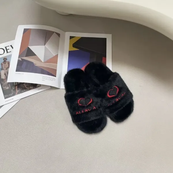 Balenciaga Fur Slippers Leopard Print with Heart Logo Slippers - 15