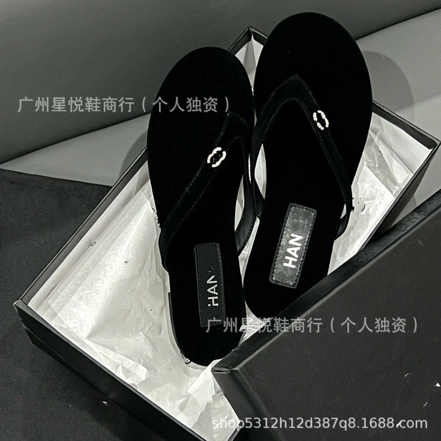 Chanel-Inspired Rhinestone-Embellished Black Velvet Flip-Flops - 9