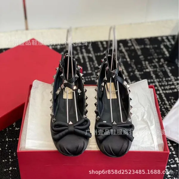 Valentino Rockstud Bow Flat Black Leather Shoes - 4