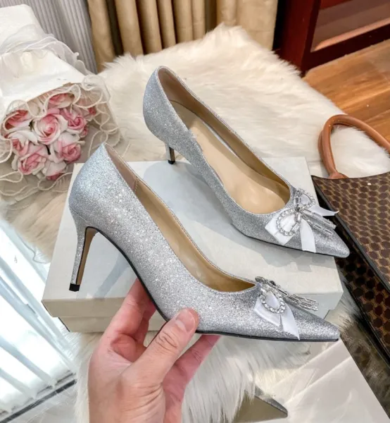 Silver Glitter Bow-Embellished Stiletto Heels - 8
