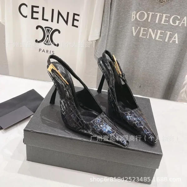 Celine Triomphe Slingback Stilettos Black Patent Leather Heels - 15