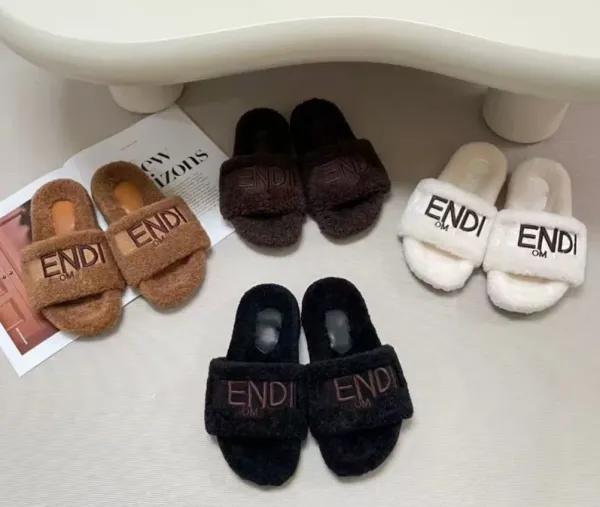 Fendi Slippers Black Faux Fur Logo Slide Sandals - 2