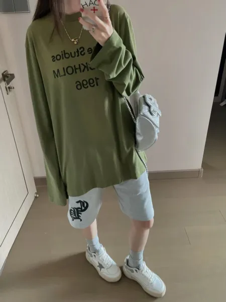 GRA Oversized Graphic Print Army Green T-Shirt with Gray Logo Shorts Set - 8