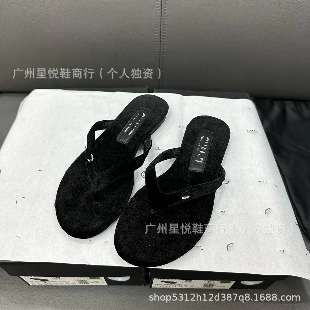 Chanel-Inspired Rhinestone-Embellished Black Velvet Flip-Flops - 22
