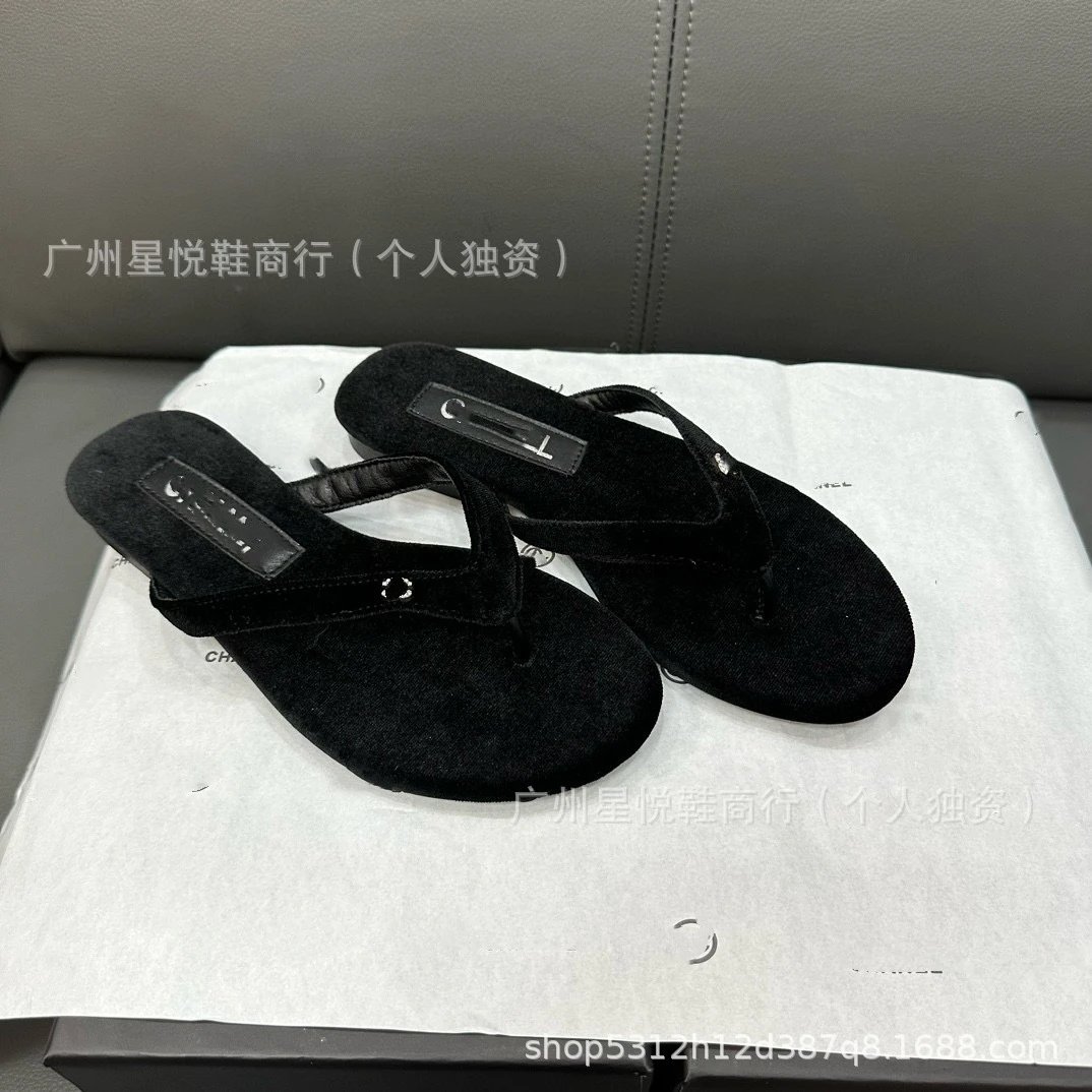 Chanel-Inspired Rhinestone-Embellished Black Velvet Flip-Flops - 23