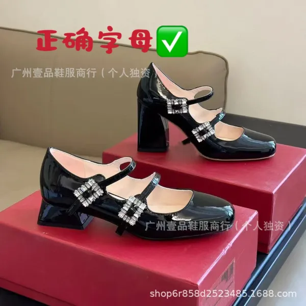 Red Patent Leather Mary Jane Block Heel Shoes with Crystal Buckle - 9