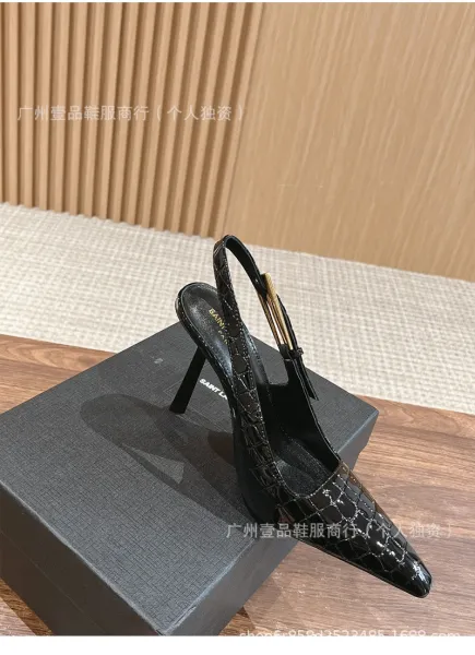 Celine Triomphe Slingback Stilettos Black Patent Leather Heels - 10