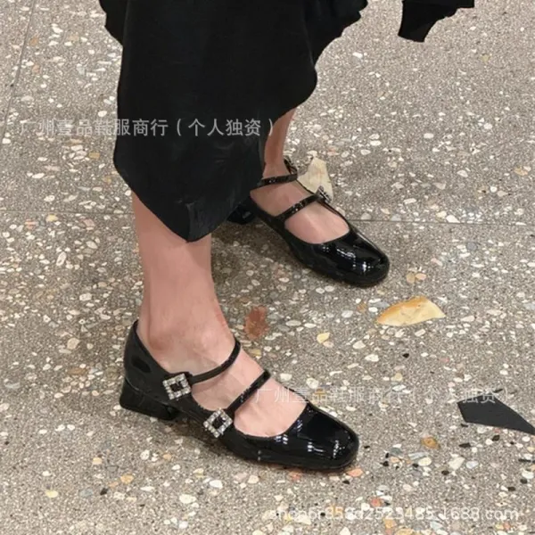 Red Patent Leather Mary Jane Block Heel Shoes with Crystal Buckle - 4