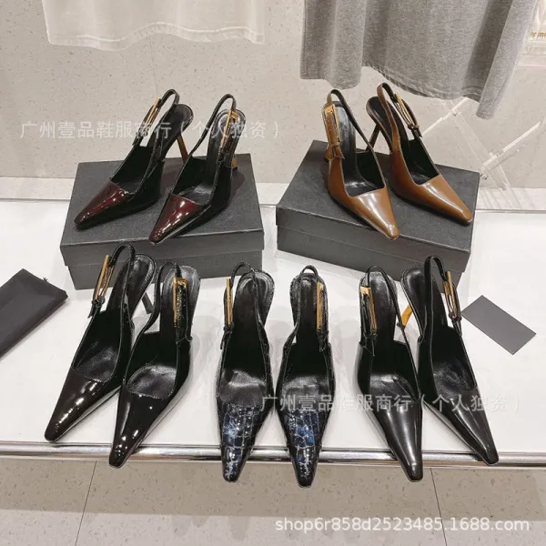 Celine Triomphe Slingback Stilettos Black Patent Leather Heels - 7