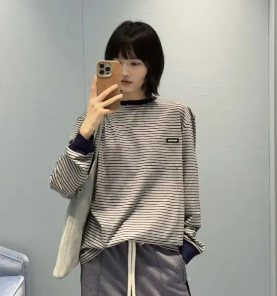 Miu Miu Striped Long-Sleeve T-Shirt with Chest Pocket in Gray and Navy - 8
