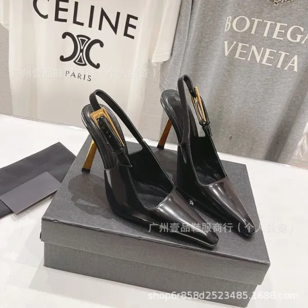 Celine Triomphe Slingback Stilettos Black Patent Leather Heels - 14