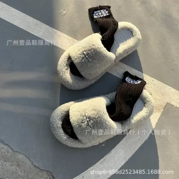 Off-White x Unknown Designer Cross Motif Canvas Slippers Beige Slippers - 15
