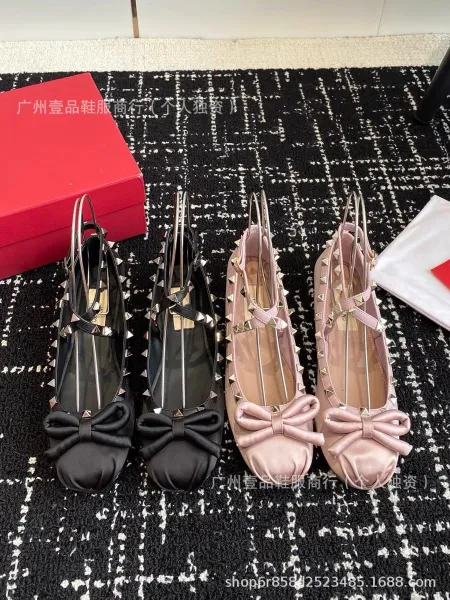 Valentino Rockstud Bow Flat Black Leather Shoes - 2