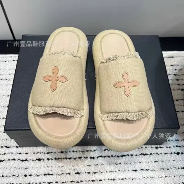 Off-White x Unknown Designer Cross Motif Canvas Slippers Beige Slippers - 23