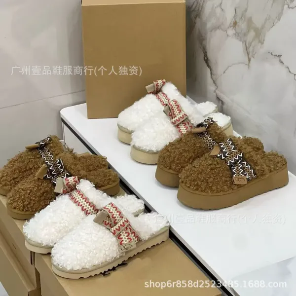 UGG Tasman Platform Shearling Slippers White with Embroidered Trim - 18