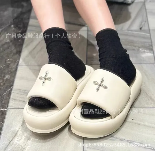 Off-White x Unknown Designer Cross Motif Canvas Slippers Beige Slippers - 8