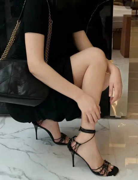 Saint Laurent Monogram Lace-Up Sandals Black Heels - 9