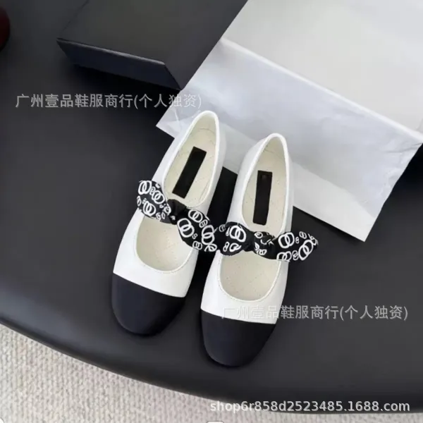 Chanel-Inspired Two-Tone Mary Jane Flats with Logo Ribbon White Black Shoes - 11