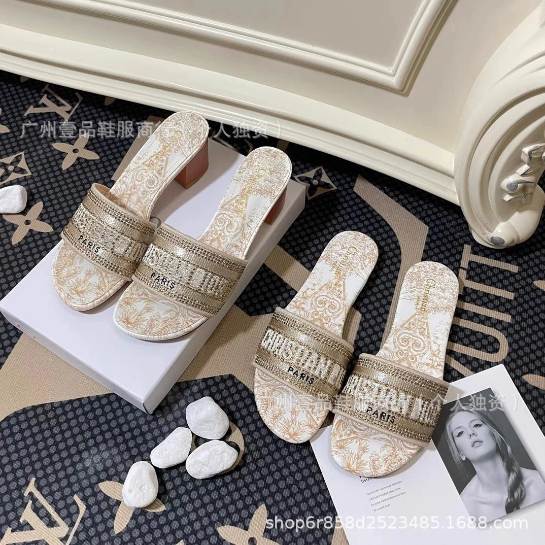 Dior J'Adior Slide Sandals Black and Beige Logo-Strap Mules - 9