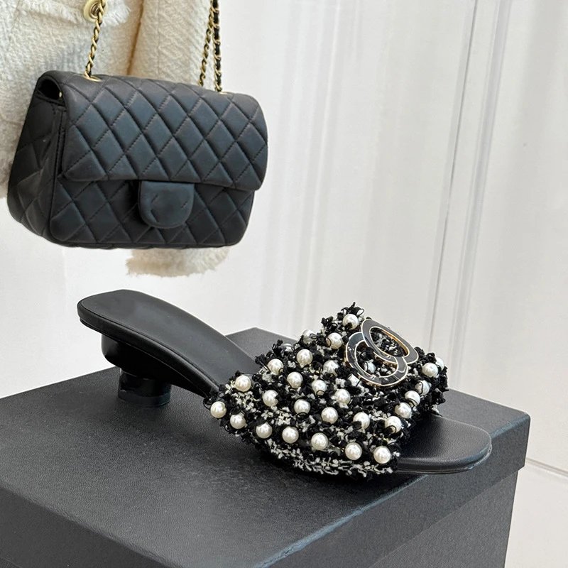 Chanel-inspired Pearl-Embellished Tweed Mule Black Shoes