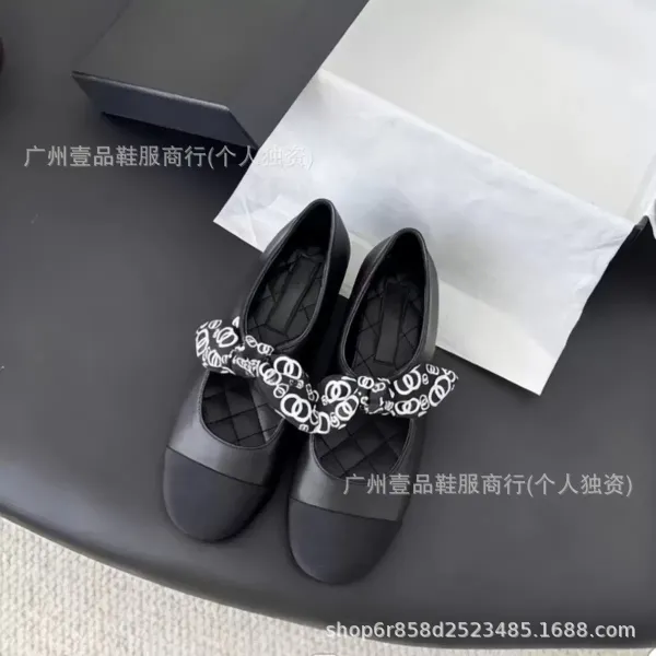 Chanel-Inspired Two-Tone Mary Jane Flats with Logo Ribbon White Black Shoes - 12