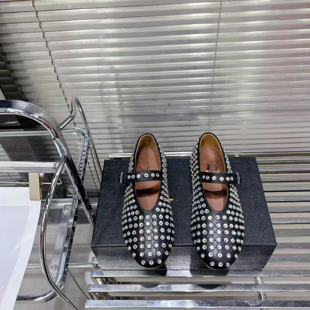 Prada Mary Jane Flat Black Studded Leather Shoes - 50