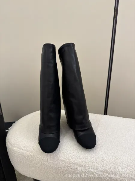Chanel CC Logo Beige and Black Cap-Toe Knee-High Boots - 6