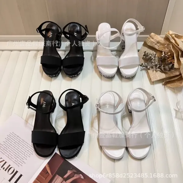 Chanel Logo-Embellished Black Crystal Block Heel Sandals - 2