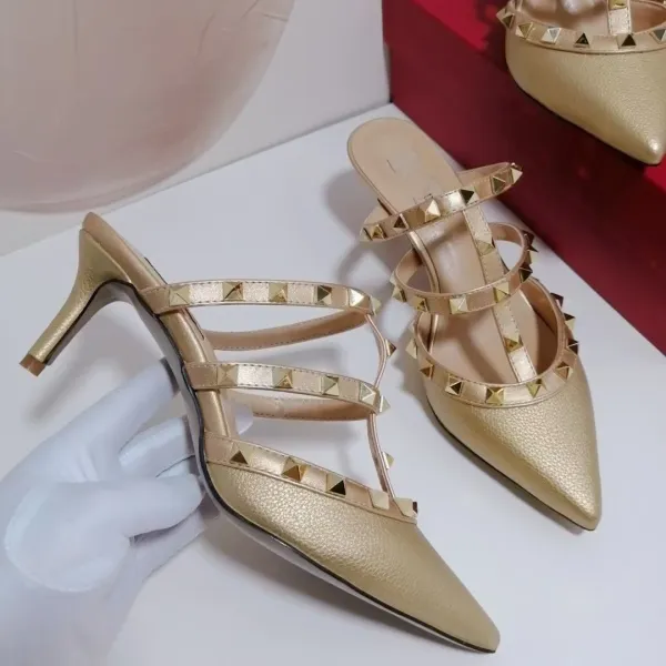 Valentino Rockstud Strappy Mule Beige Patent Leather Heels - 4