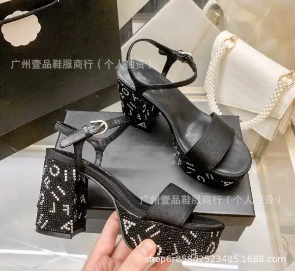 Chanel Logo-Embellished Black Crystal Block Heel Sandals - 7