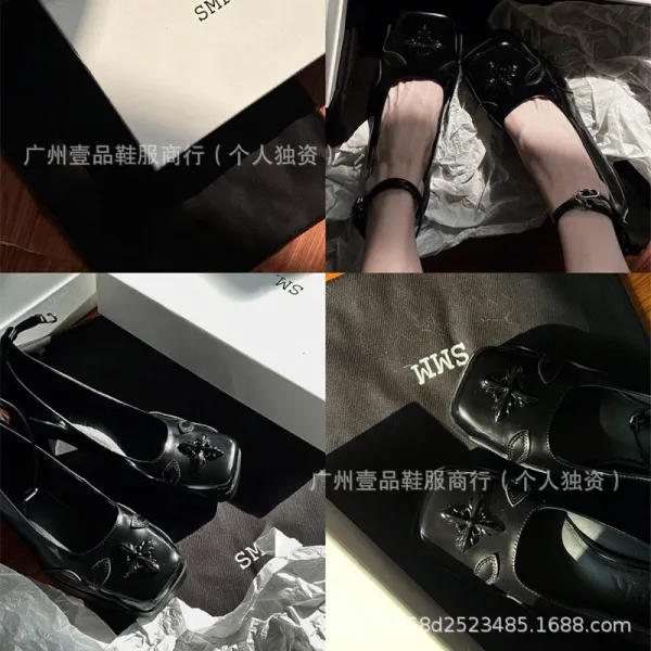 FFK Mary Jane Block Heel Black Patent Leather Shoes with Floral Embellishment - 2