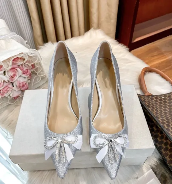 Silver Glitter Bow-Embellished Stiletto Heels - 7