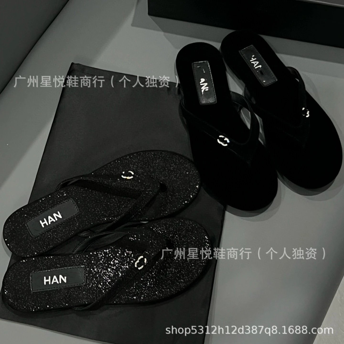 Chanel-Inspired Rhinestone-Embellished Black Velvet Flip-Flops - 4