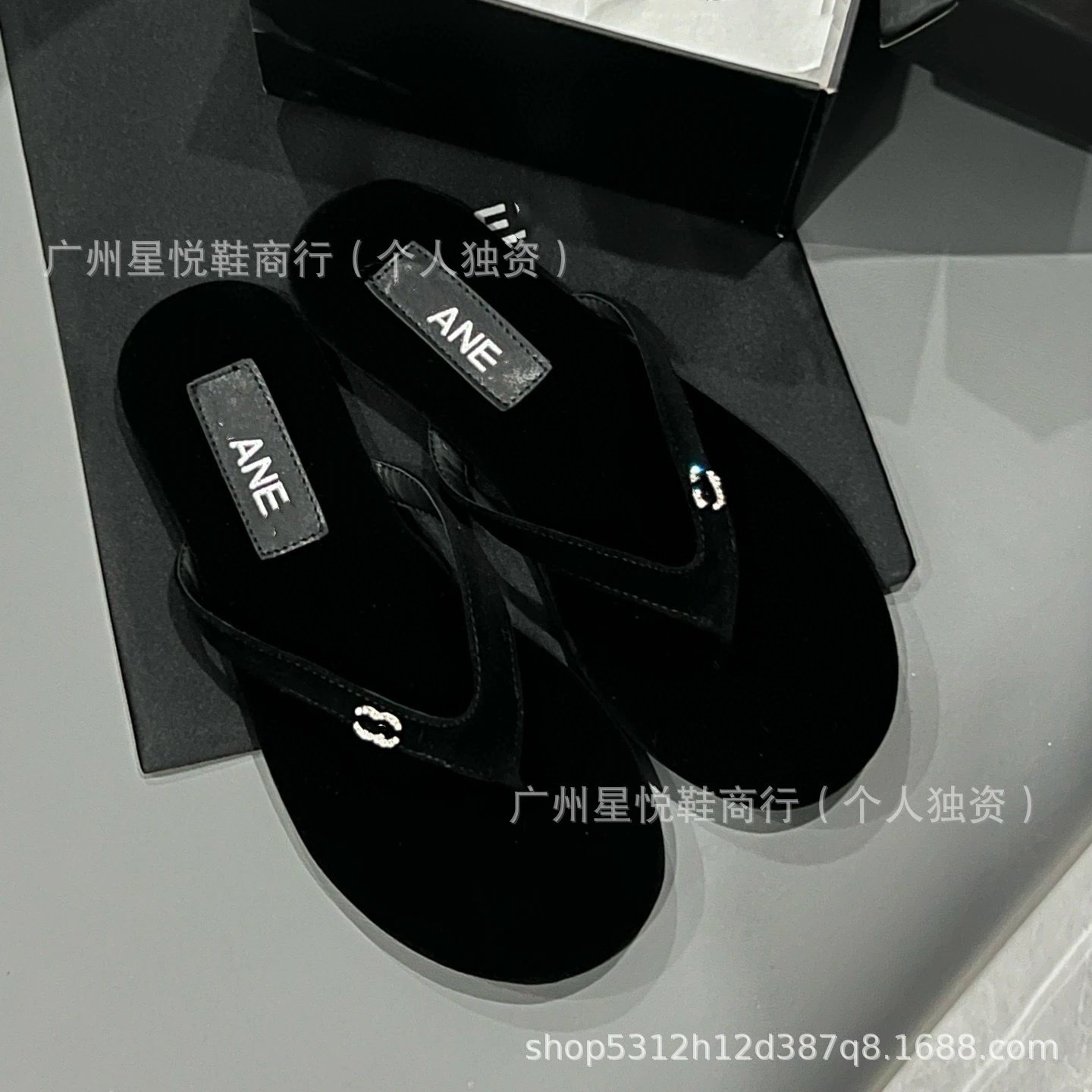 Chanel-Inspired Rhinestone-Embellished Black Velvet Flip-Flops - 8