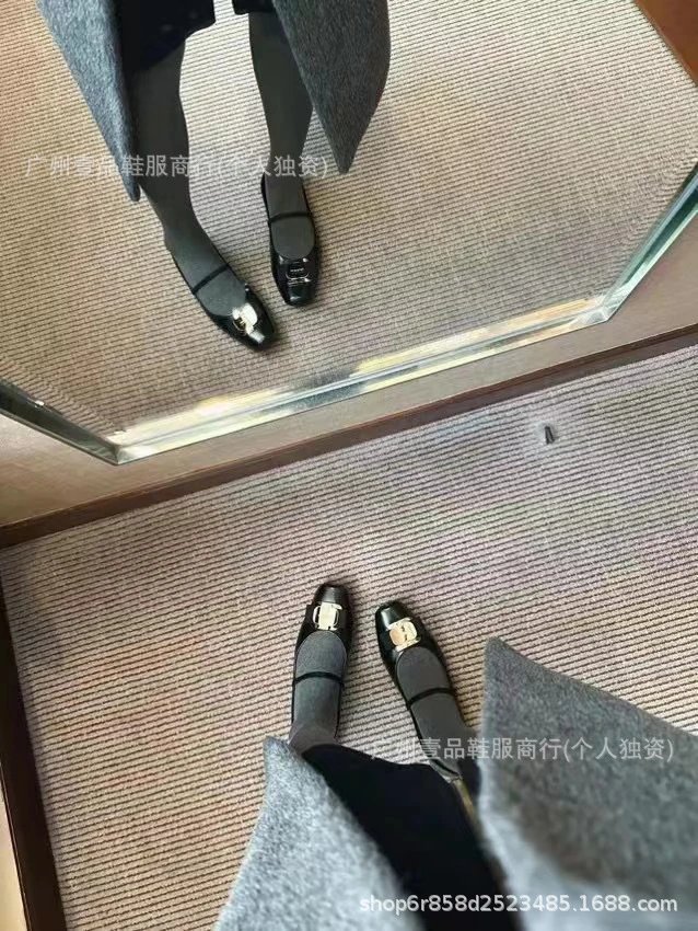Black Mary Jane Flats with Gold Buckle Detail Leather Shoes - 16