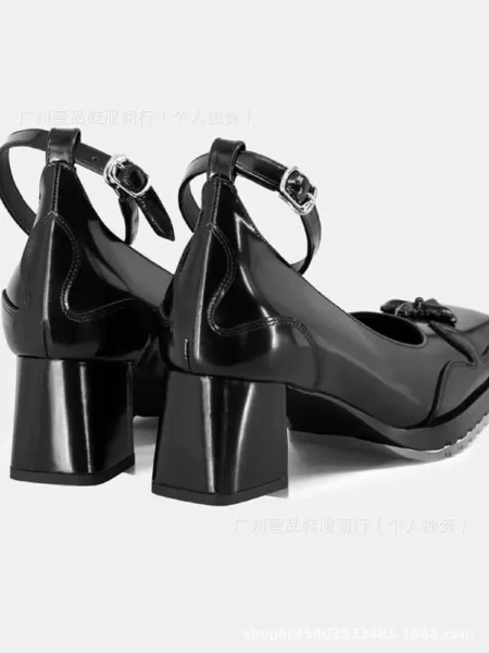 FFK Mary Jane Block Heel Black Patent Leather Shoes with Floral Embellishment - 5