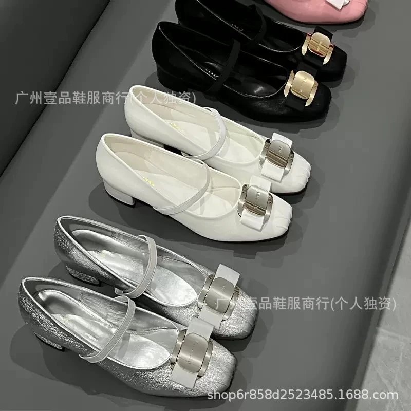 Black Mary Jane Flats with Gold Buckle Detail Leather Shoes - 2