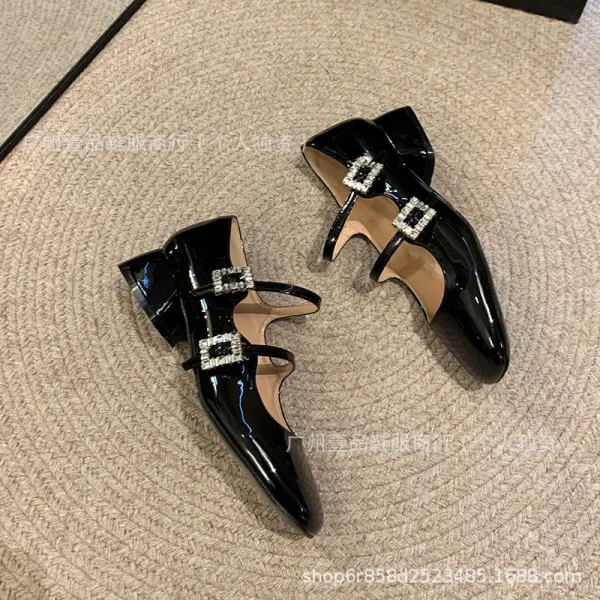 Red Patent Leather Mary Jane Block Heel Shoes with Crystal Buckle - 13