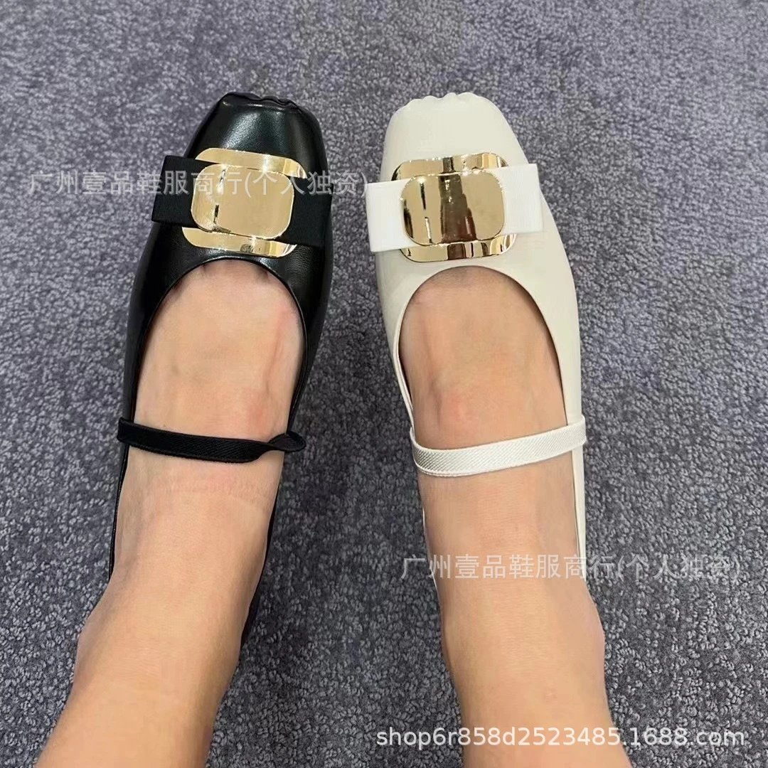 Black Mary Jane Flats with Gold Buckle Detail Leather Shoes - 17