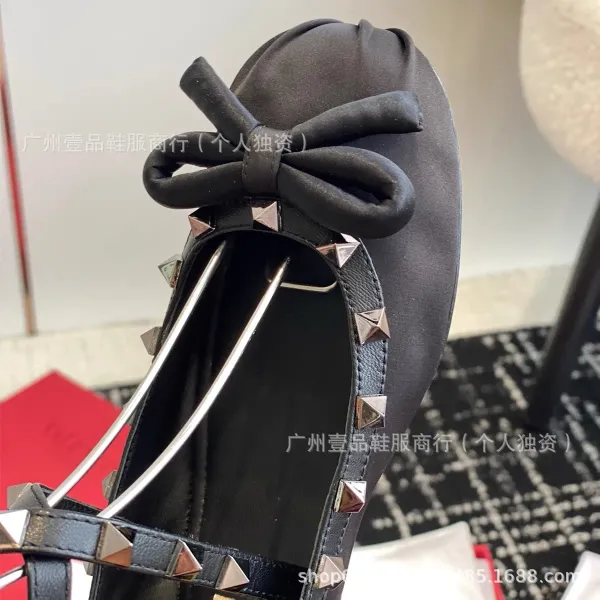 Valentino Rockstud Bow Flat Black Leather Shoes - 11