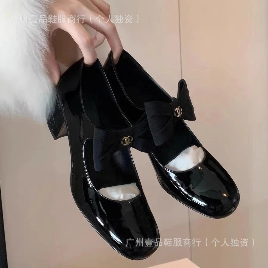 High-Quality! Chanel-Style Bow Kitten Heel Patent Leather Shoes Elegant French Vintage Mary Jane Flats