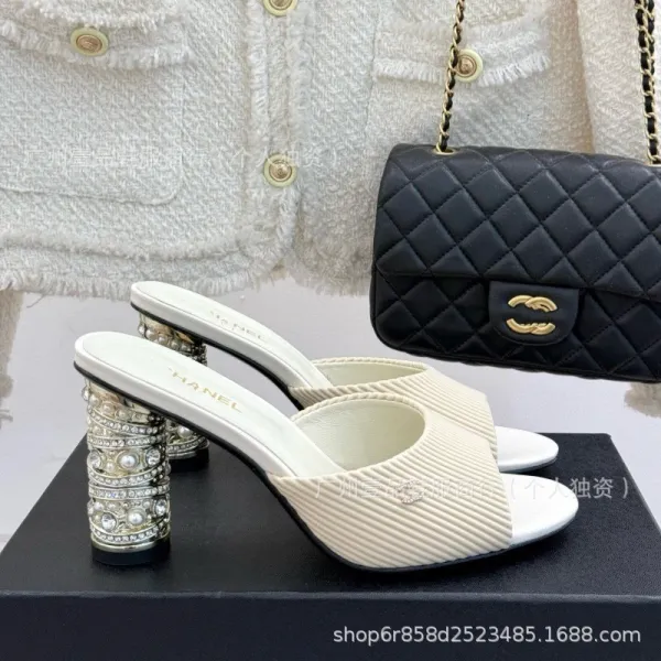 Chanel Mule Sandals with Crystal-Embellished Block Heel in Beige and White - 5