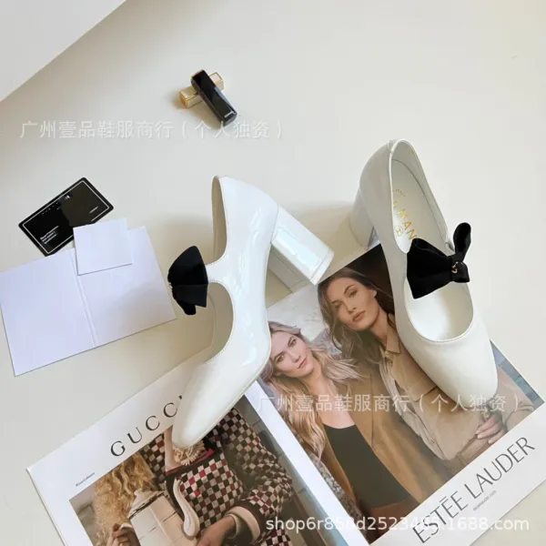 Chanel Bow-Adorned Patent Leather Mary Jane Block Heel White Shoes - 19