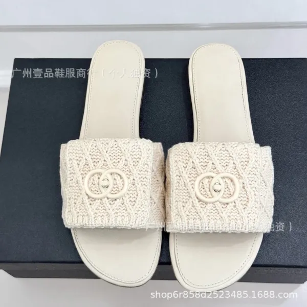 Chanel Knit CC Logo Slide Sandals Beige Slippers - 4