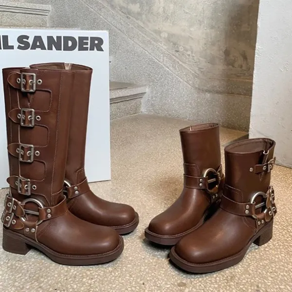Brown Motorcycle-Style Buckle Boot - 12